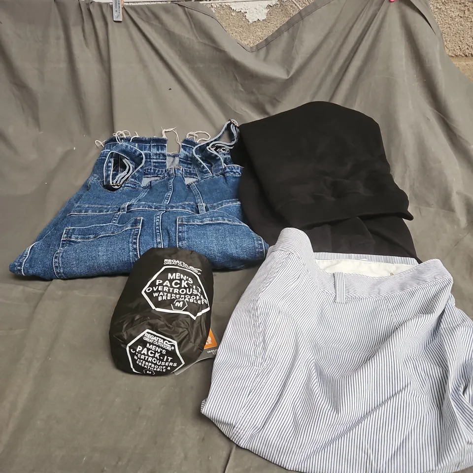 BOX OF APPROXIMATELY 20 ASSORTED CLOTHING ITEMS TO INCLUDE DENIM DUNGAREES, BLACK EMOJI HOODIE, STRIPED SHORTS M & S, REGATTA WATER PROOF OVER TROUSERS ETC