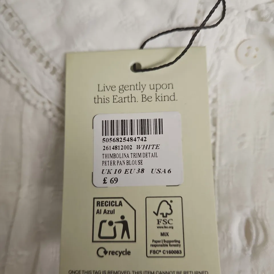 NOBODY'S CHILD WHITE THIMBOLINA TRIM DETAIL PETER PAN BLOUSE – UK 10 (EU 38, US 6)