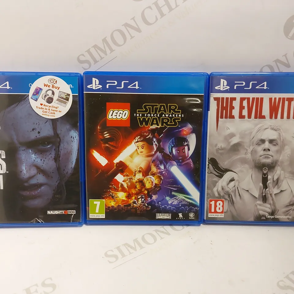 BOX OF 3 PS4 GAMES TO INCLUDE THE EVIL WITHIN 2, THE LAST OF US PART II, LEGO STAR WARS