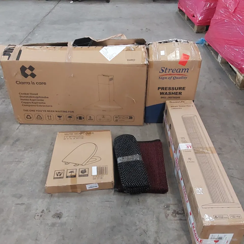 PALLET OF ASSORTED CONSUMER PRODUCTS TO INCLUDE: COOKER HOOD, PRESSURE WASHER, SMART TOWER FAN, DOOR MATS, TOILET SEAT ECT