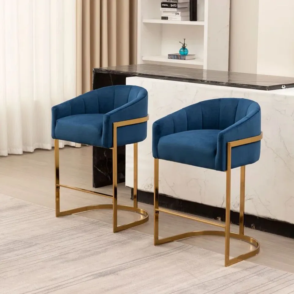 BOXED JOHNNICE 68.6CM VELVET UPHOLSTERED BAR STOOL WITH GOLD FRAME - BLUE (SET OF 2)