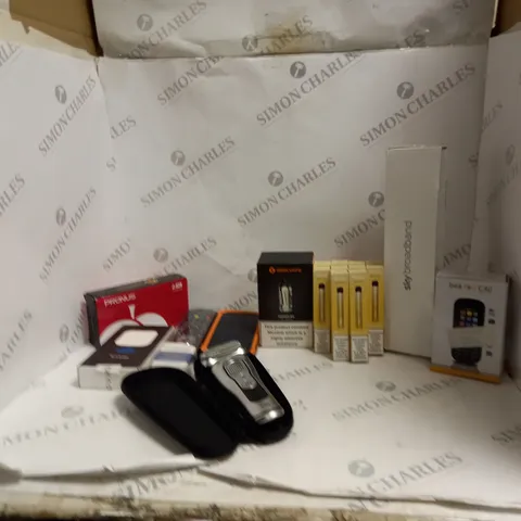 BOX OF ASSORTED ITEMS TO INCLUDE ECIGS, SKY BROADBAND, REMOTE, SHAVER ETC