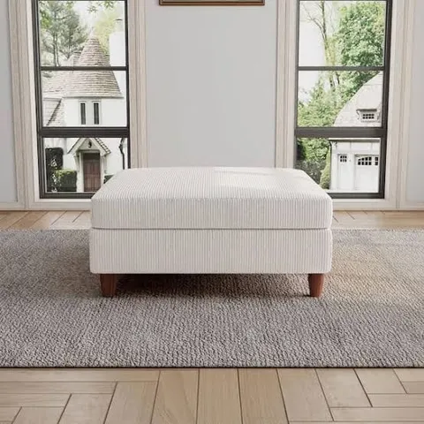 BOXED 38" BEIGE CORDUROY FABRIC SQUARE OTTOMAN WITH WOOD LEGS