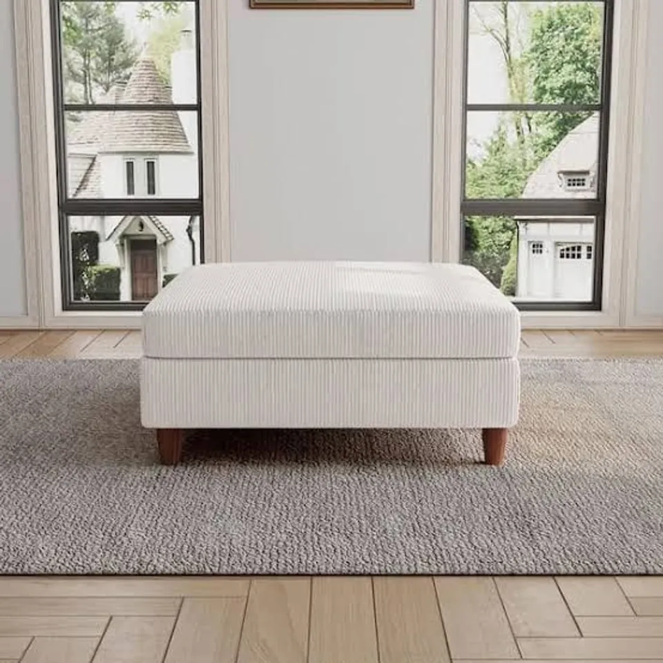 BOXED 38" BEIGE CORDUROY FABRIC SQUARE OTTOMAN WITH WOOD LEGS