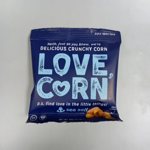 APPROXIMATELY 20 LOVE CORN PREMIUM CRUNCHY CORN SNACK PACKS - 20G PER PACK SEA SALT 