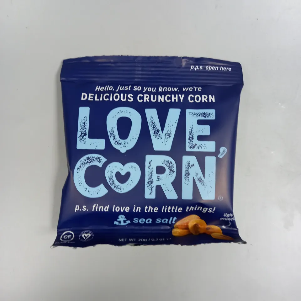 APPROXIMATELY 20 LOVE CORN PREMIUM CRUNCHY CORN SNACK PACKS - 20G PER PACK SEA SALT 