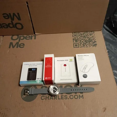 TOTE OF APPROXIMATELY 16 ASSORTED HOUSEHOLD ITEMS TO INCLUDE WIRELESS MOUSE, WATCH, PORTABLE SSD, VODAFONE USB CONNECT, CAMERA BATTERY CHARGER ETC