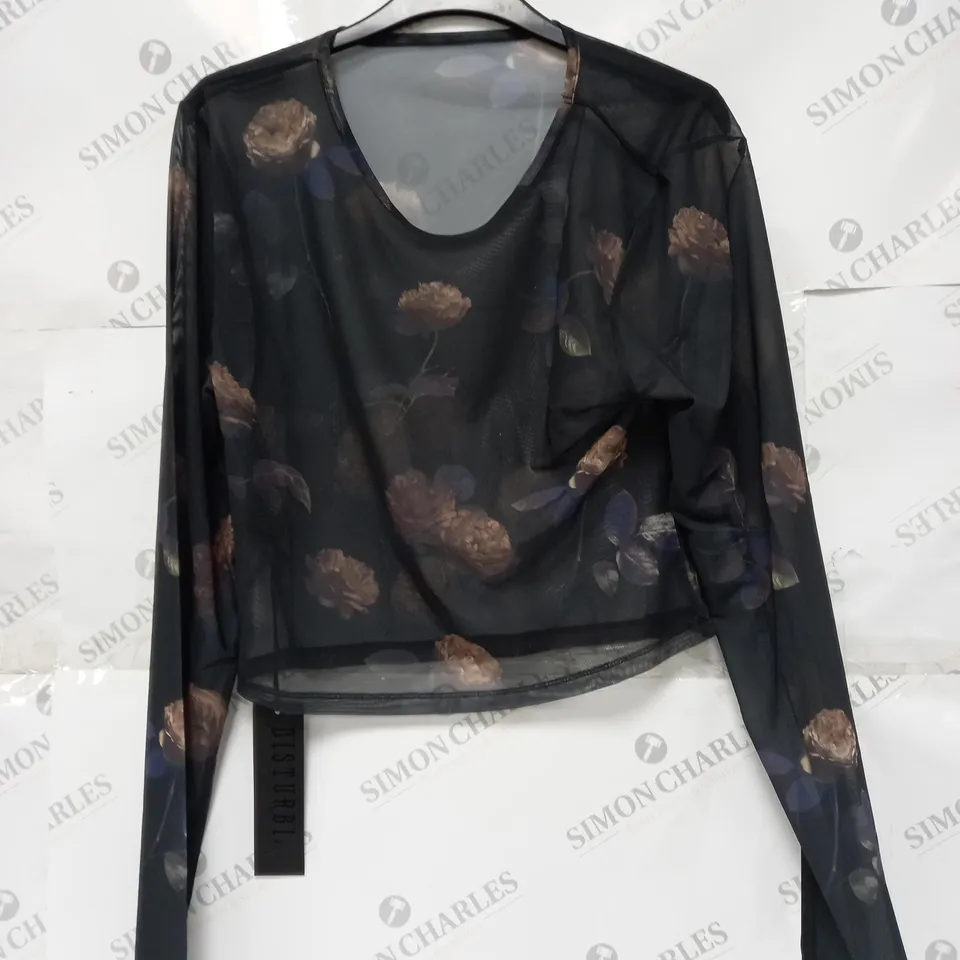 DISTURBIA MONICA FLORAL MESH TOP IN BLACK - SIZE 16