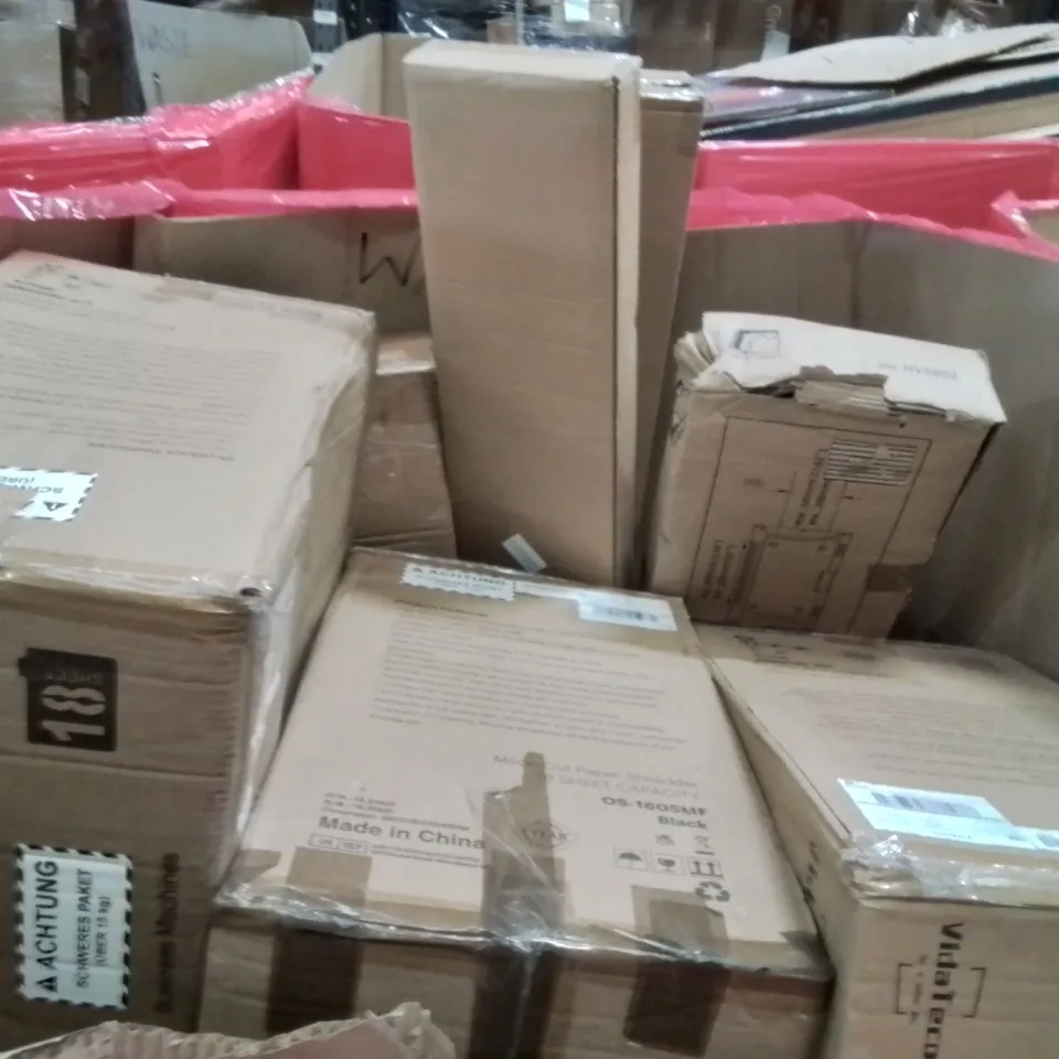 PALLET OF ASSORTED HOUSEHOLD GOODS AND PRODUCTS TO INCLUDE;TV WALL MOUNT,FLOOR CUTTER,PAPER SHREDDER