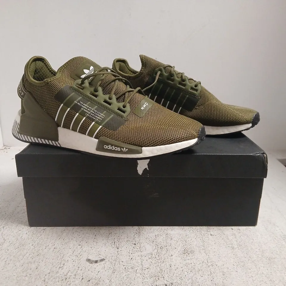 BOXED PAIR OF ADIDAS NMD_R1 V2 TRAINERS IN ARMY GREEN SIZE UK 11