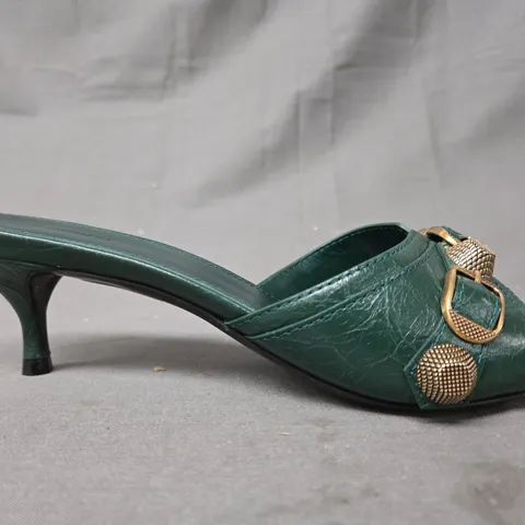 BOXED PAIR OF BALENCIAGA OPEN TOE LOW HEEL SANDALS IN DARK GREEN EU SIZE 38