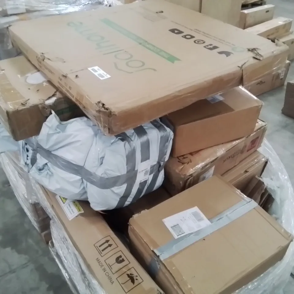 PALLET CONTAINING VARIOUS ASSORTED BOXED HOUSEHOLD RETURNS/ELECTRICAL/GARDEN ITEMS TO INCLUDE: PORTALOO, CEILING LIGHT FAN, GAZEBO, SIDEBOARD ETC 