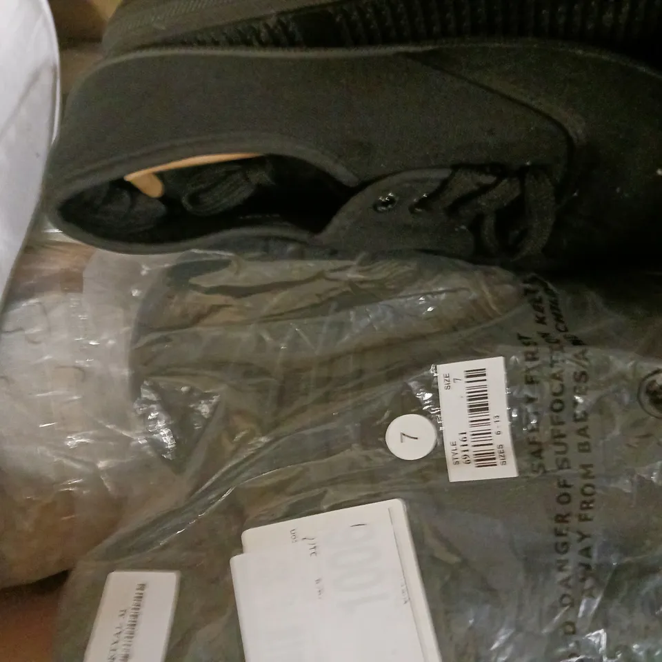 BOX OF APPROXIMATELY 8 ASSORTED PAIRS OF SHOES AND FOOTWEAR ITEMS IN VARIOUS COLOURS, STYLES, AND SIZES - COLLECTION ONLY
