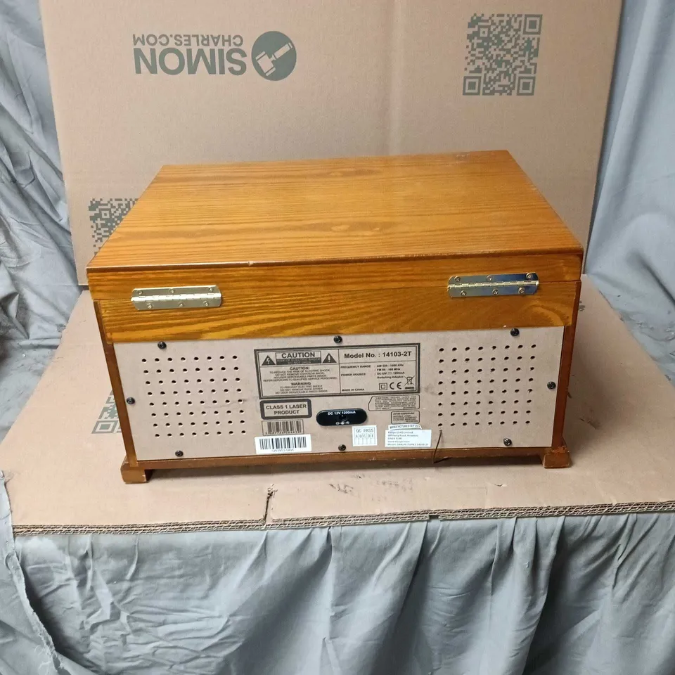 RETRO WOODEN CONSOLE STEREO WITH TURNTABLE, CD PLAYER & USB/SD INPUT (MODEL 14103-2T) UNBOXED