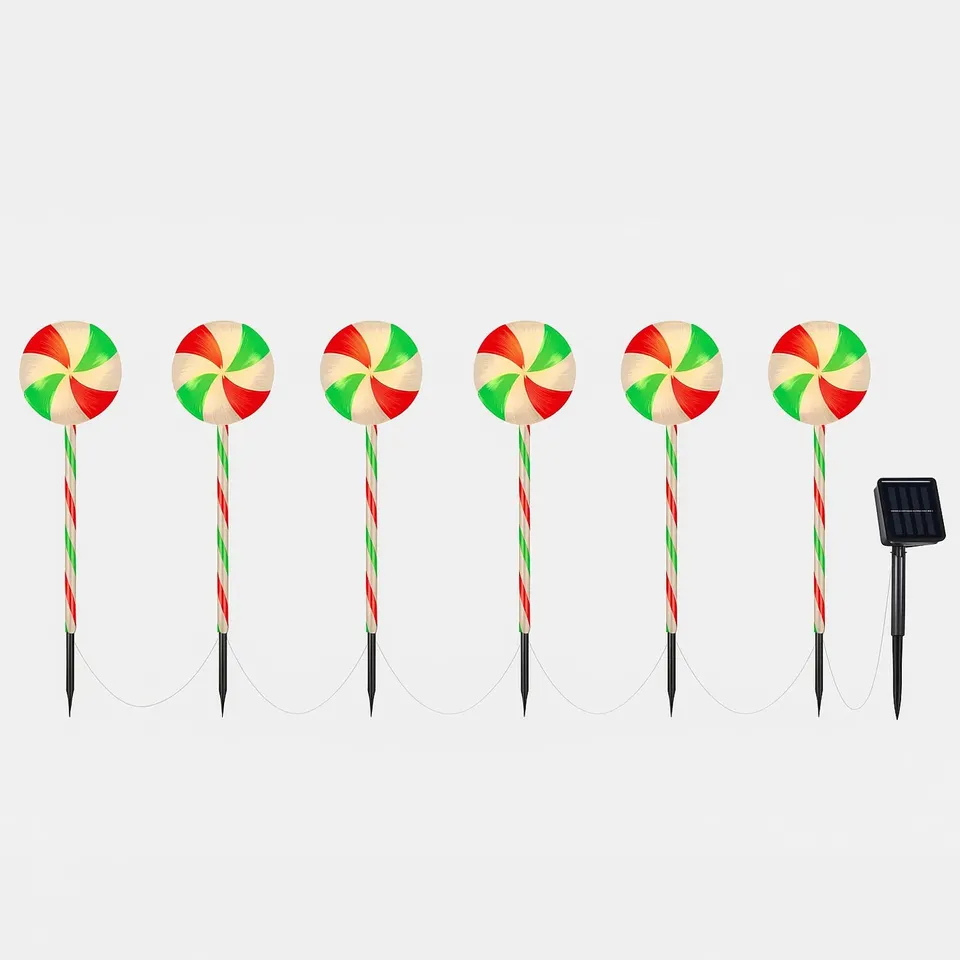 BOXED NEO LARGE 50CM CANDY CANE LOLLY LOLLIPOP CHRISTMAS REMOTE SOLAR AND BATTERY POWERED LIGHTS 6 PACK LED PATH STAKES TIMER 8 MODES TIMER OUTDOOR DÉCOR (1 BOX)
