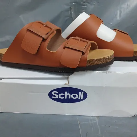 BOXED PAIR OF SCHOLL DOUBLE STRAP SANDALS IN COGNAC SIZE 6