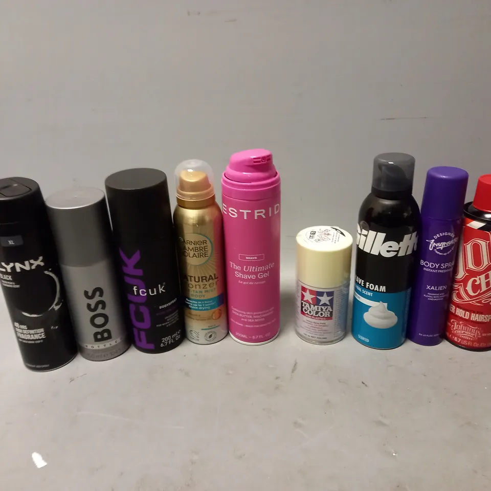 APPROXIMATELY 15 ASSORTED AEROSOLS TO INCLUDE ESTRID SHAVING GEL, BOSS BOTTLED, AND LYNX BLACK ETC. 