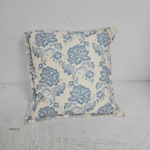 DECORATIVE CUSHION - BLUE FLORAL PATTERN ON CREAM FABRIC