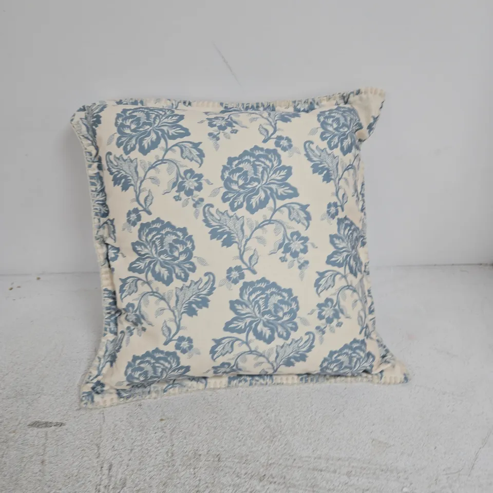 DECORATIVE CUSHION - BLUE FLORAL PATTERN ON CREAM FABRIC