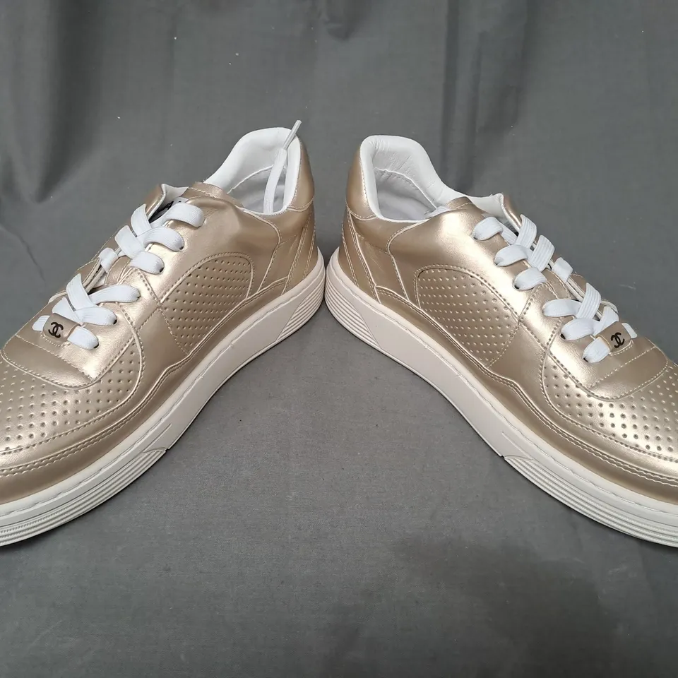 BOXED PAIR OF CHANEL SNEAKERS IN GOLD EU SIZE 39