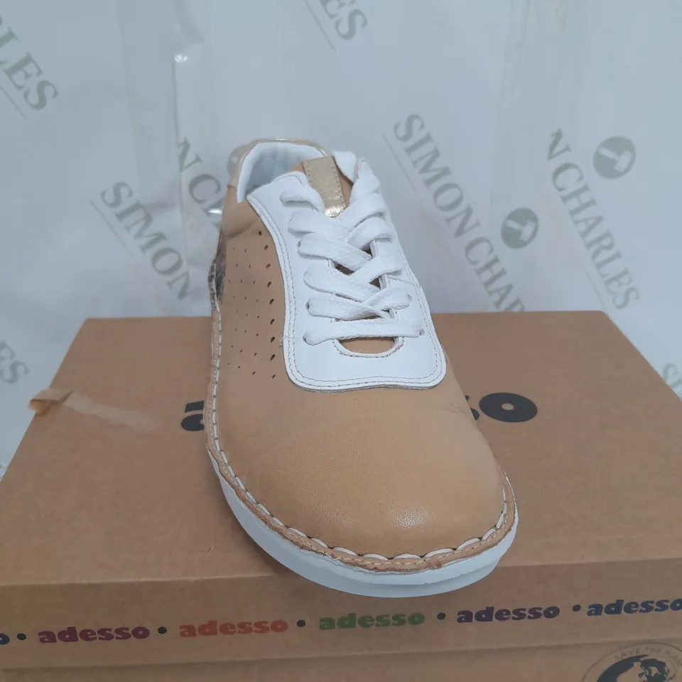 BOXED PAIR OF ADESSO EMILY LEATHER TRAINERS IN BROWN/LEOPARD SIZE 5
