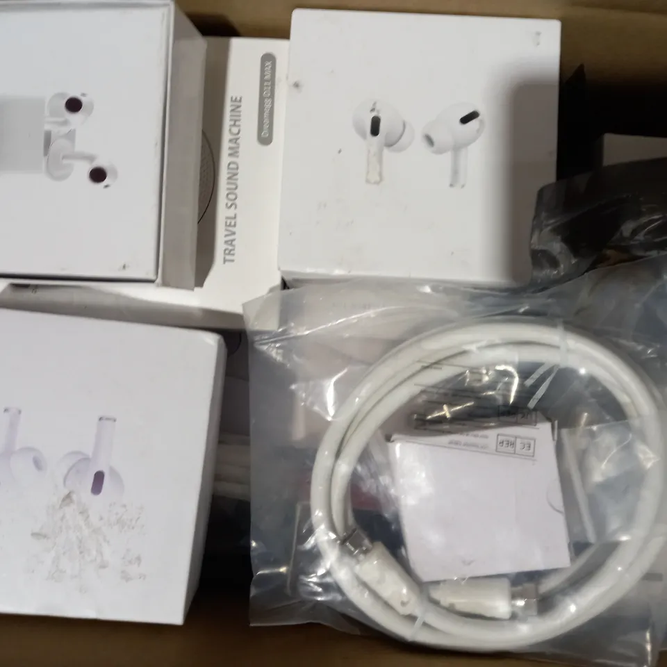 BOX OF APPROXIMATELY 10 ASSORTED HOUSEHOLD ITEMS TO INCLUDE WIRELESS EARBUDS, IONIZATION MOLE SPOT SCANNING PEN, MPOW M30 TRUE WIRELESS EARBUDS, ETC