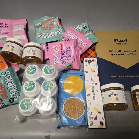 BOX OF ASSORTED FOOD PRODUCTS - INCLUDING PACT COFFEE, IMMUNITY HONEY, AND SCRAPPLES ETC.  