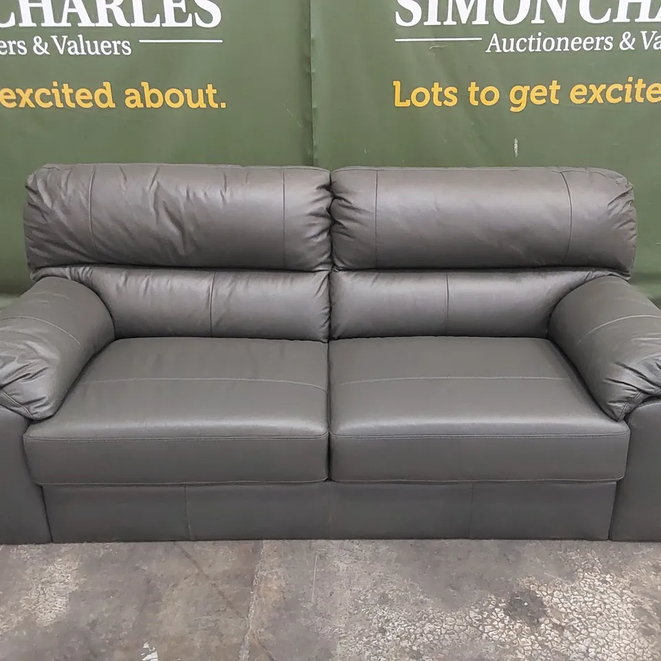DESIGNER 3 SEATER GREY LEATHER UPHOLSTERED SOFA