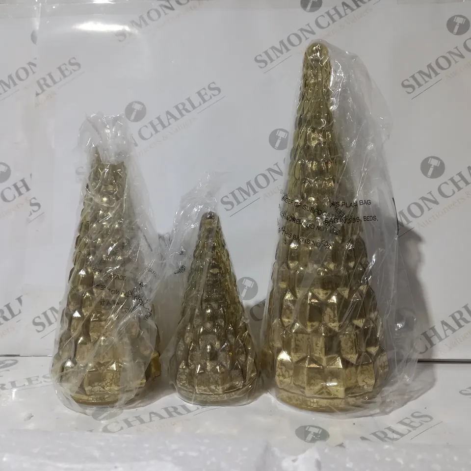 BOXED ALISON CORK SET OF 3 MERCURY GLASS TREES IN ANTIQUE GOLD