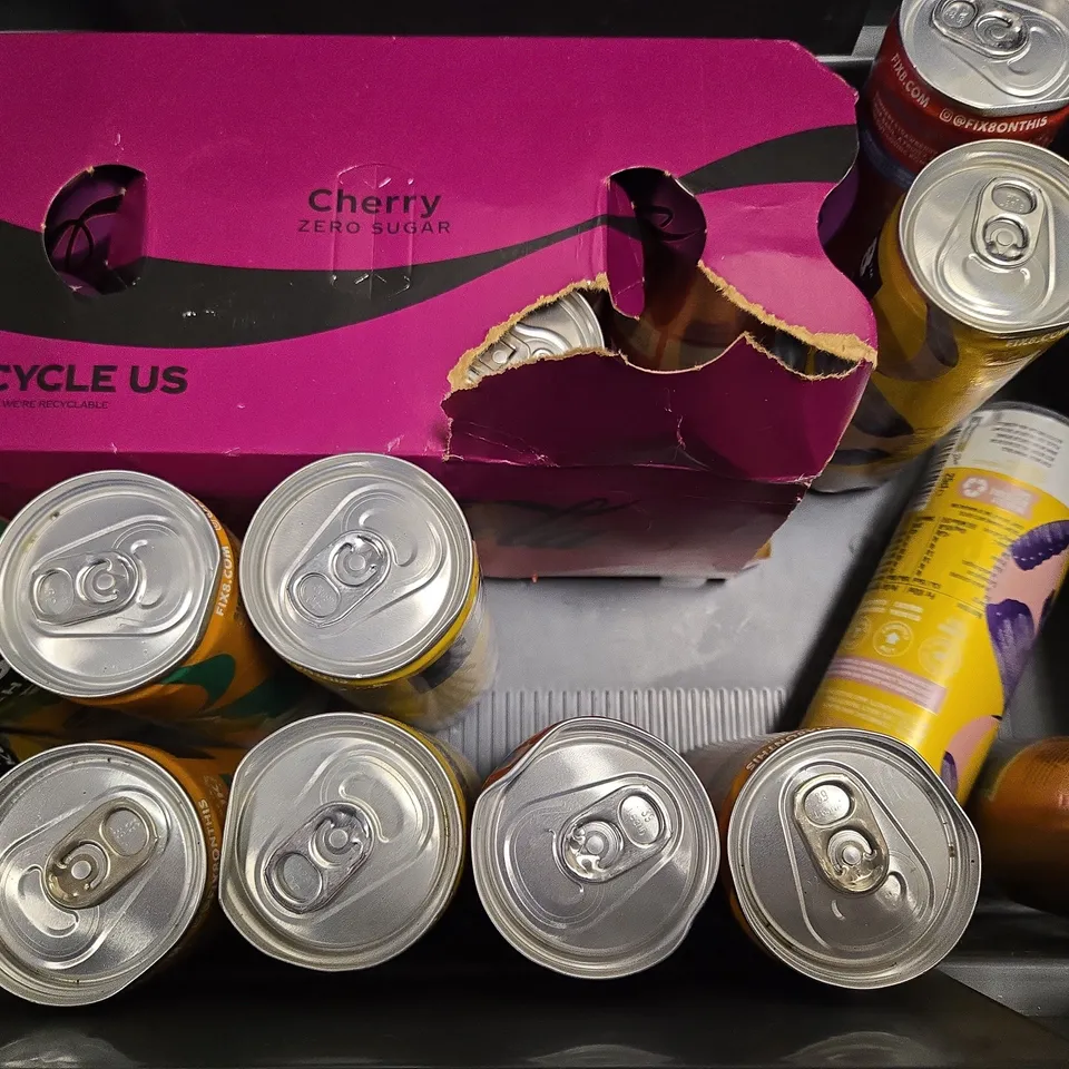 TOTE OF APPROXIMATELY 14 ASSORTED FOOD ITEMS TO INCLUDE - FIX8 KOMBUCHA , COCA COLA CHERRY , BODY FUEL MEAL SHAKE ETC