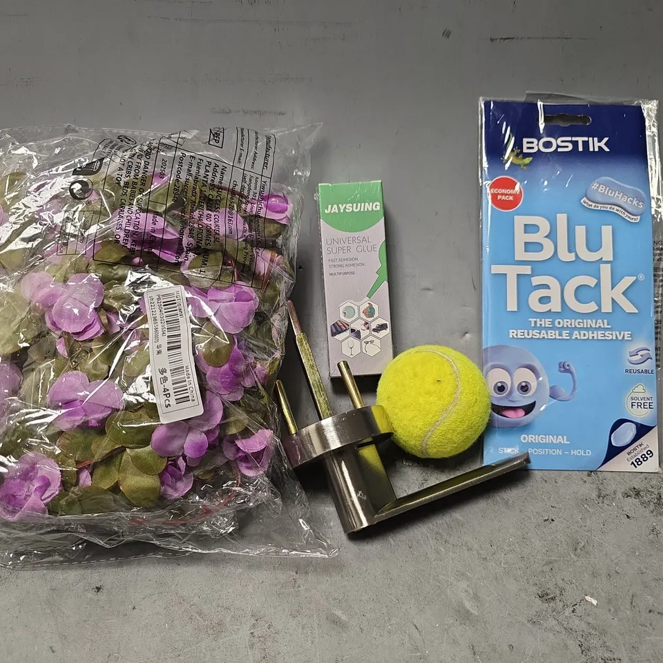 APPROXIMATELY 12 ASSORTED ITEMS TO INCLUDE - BOSTIK BLU TACK , TENNIS BALL , SUPER GLUE ETC
