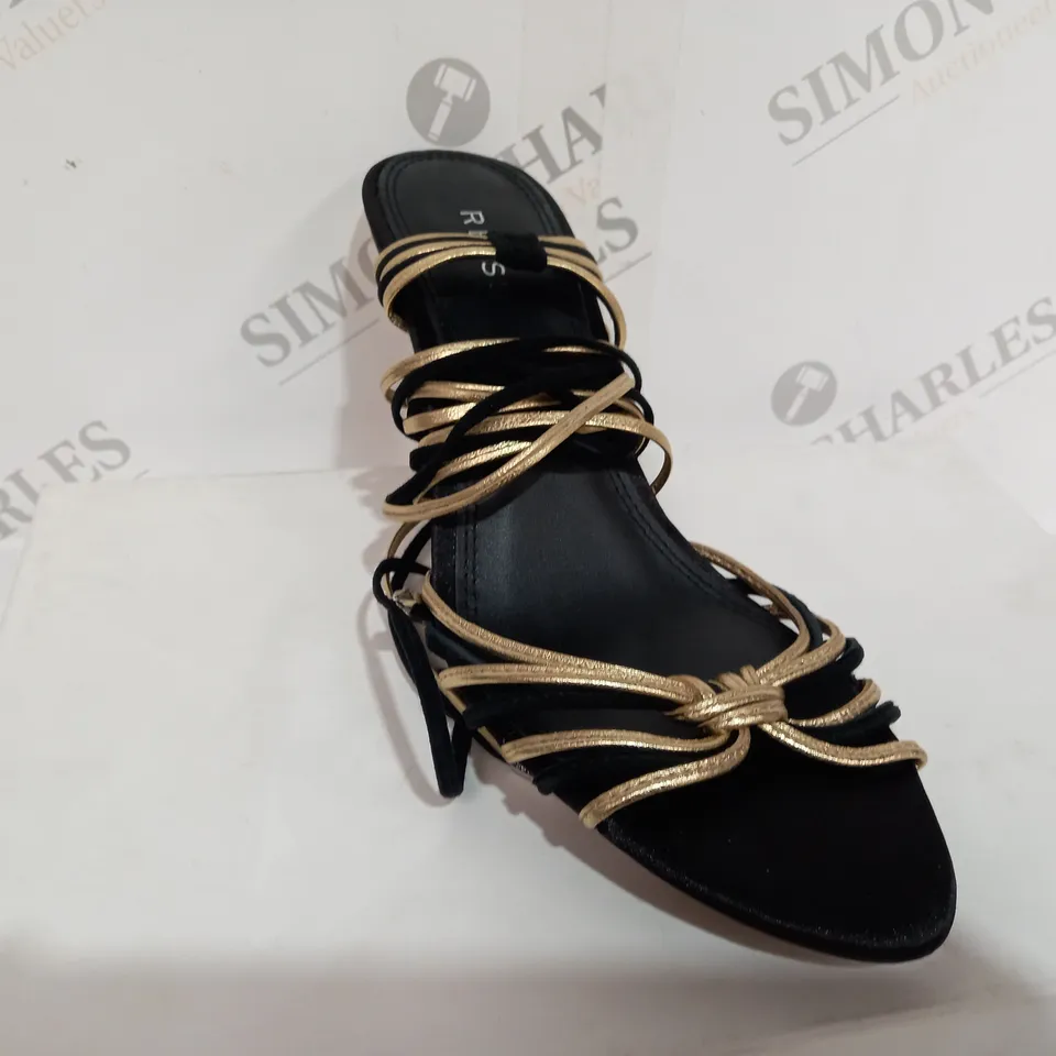 BOXED PAIR OF REISS CASSIDY STRAPPY HEELS IN BLACK/GOLD SIZE 6