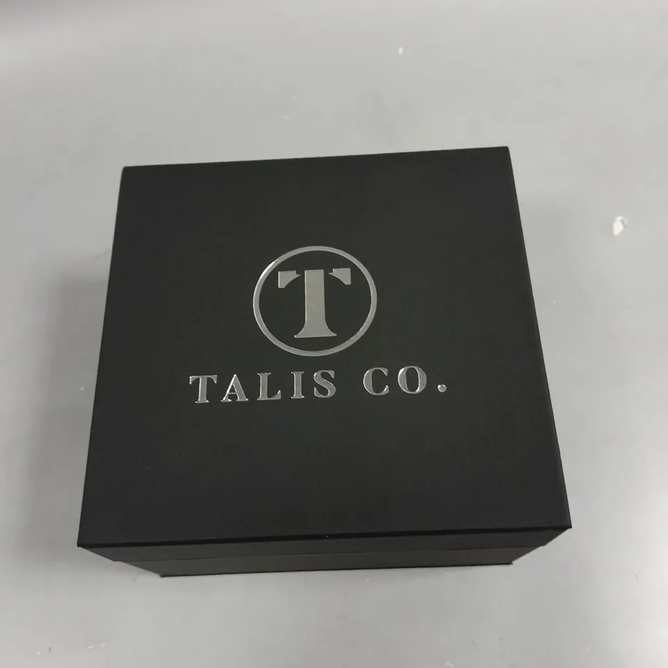 MENS TALIS CO BLACK CHRONOGRAPH WATCH WITH MOON PHASE MOVEMENT AND LEATHER STRAP IN GIFT BOX