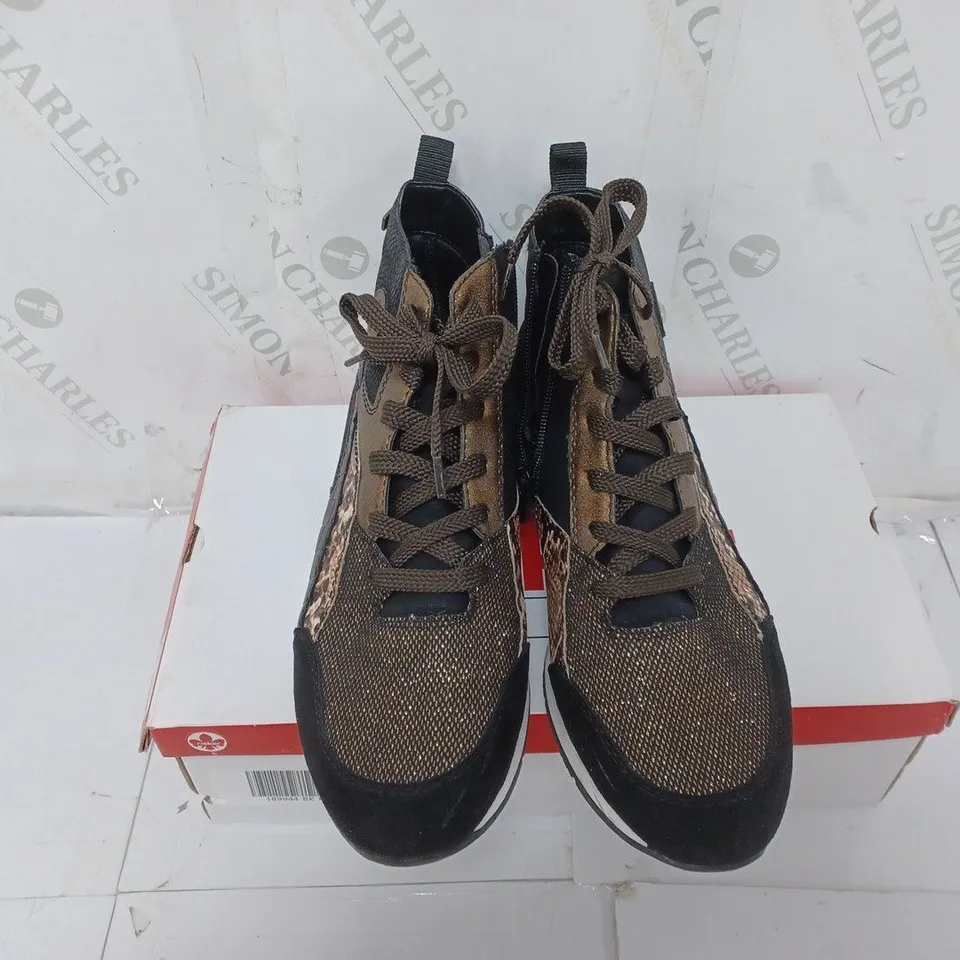 BOXED PAIR OF RIEKER HIGH TOP BOOTS IN BLACK - SIZE 8