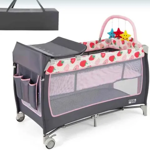 COSTWAY 3 IN 1 BABY PLAYARD PORTABLE INFANT NURSERY CENTER WITH TOY BAR-PINK