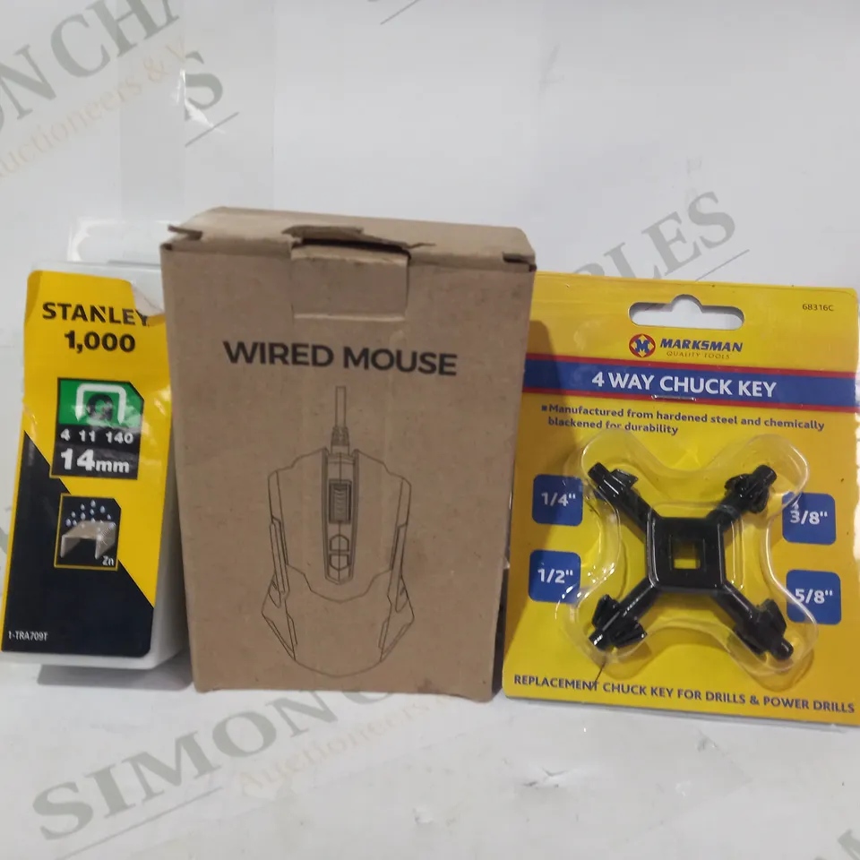 LOT OF APPROXIMATELY 10 ASSORTED HOUSEHOLD ITEMS TO INCLUDE 4-WAY CHUCK KEY, WIRED MOUSE, STANLEY STAPLES, ETC