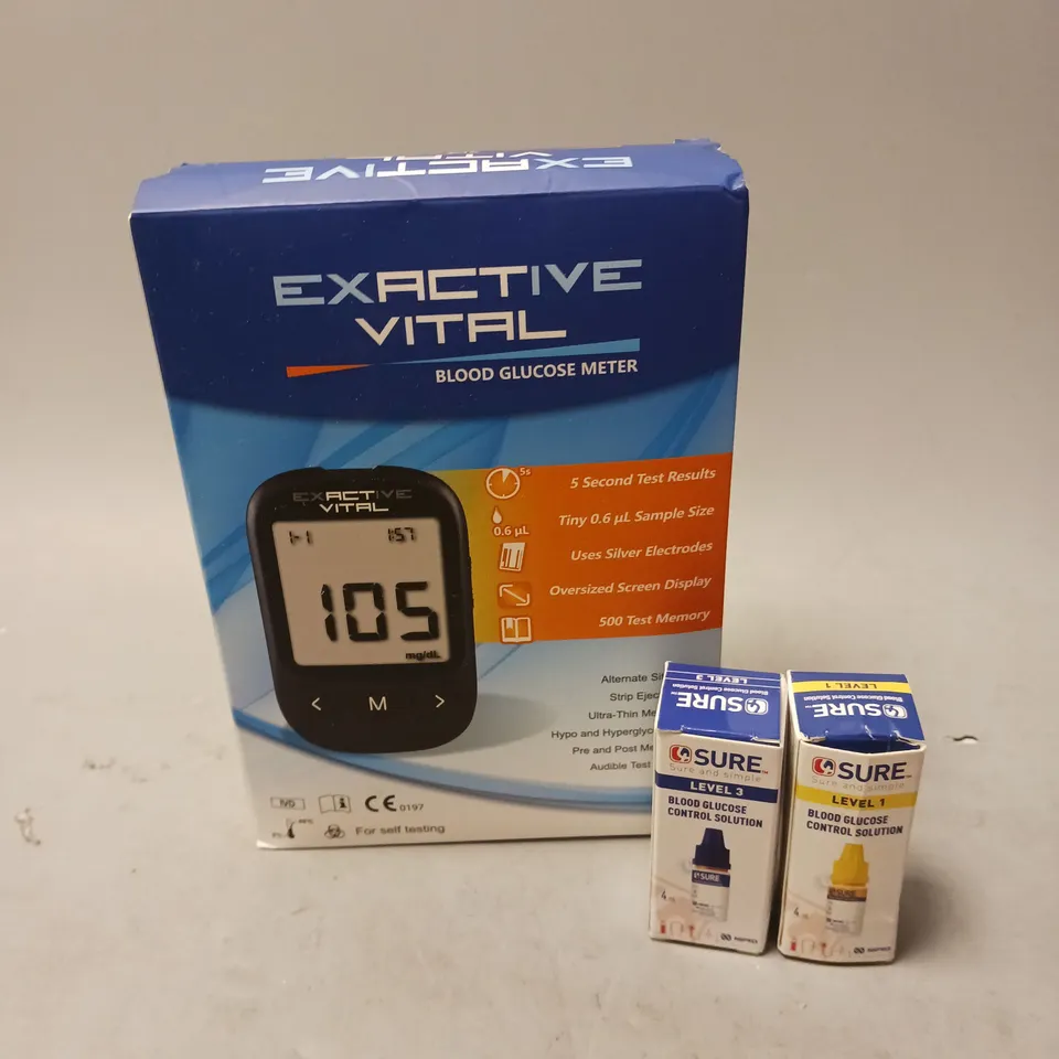 LOT OF 2 MEDICAL PRODUCTS TO INCLUDE EXTRACTIVE VITAL BLOOD GLUCOSE METER AND SURE BLOOD GLUCOSE CONTROL SOLUTIONS