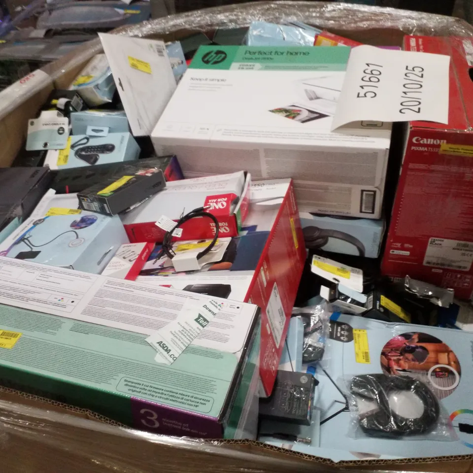 PALLET CONTAINING ASSORTED ELECTRICAL PRODUCTS INCLUDING CANON PIXMA PRINTER, WIRELESS HEADPHONES, DESK RING LIGHT, KEYBOARD AND MOUSE SET, SPEAKERS & UNIVERSAL TV STAND