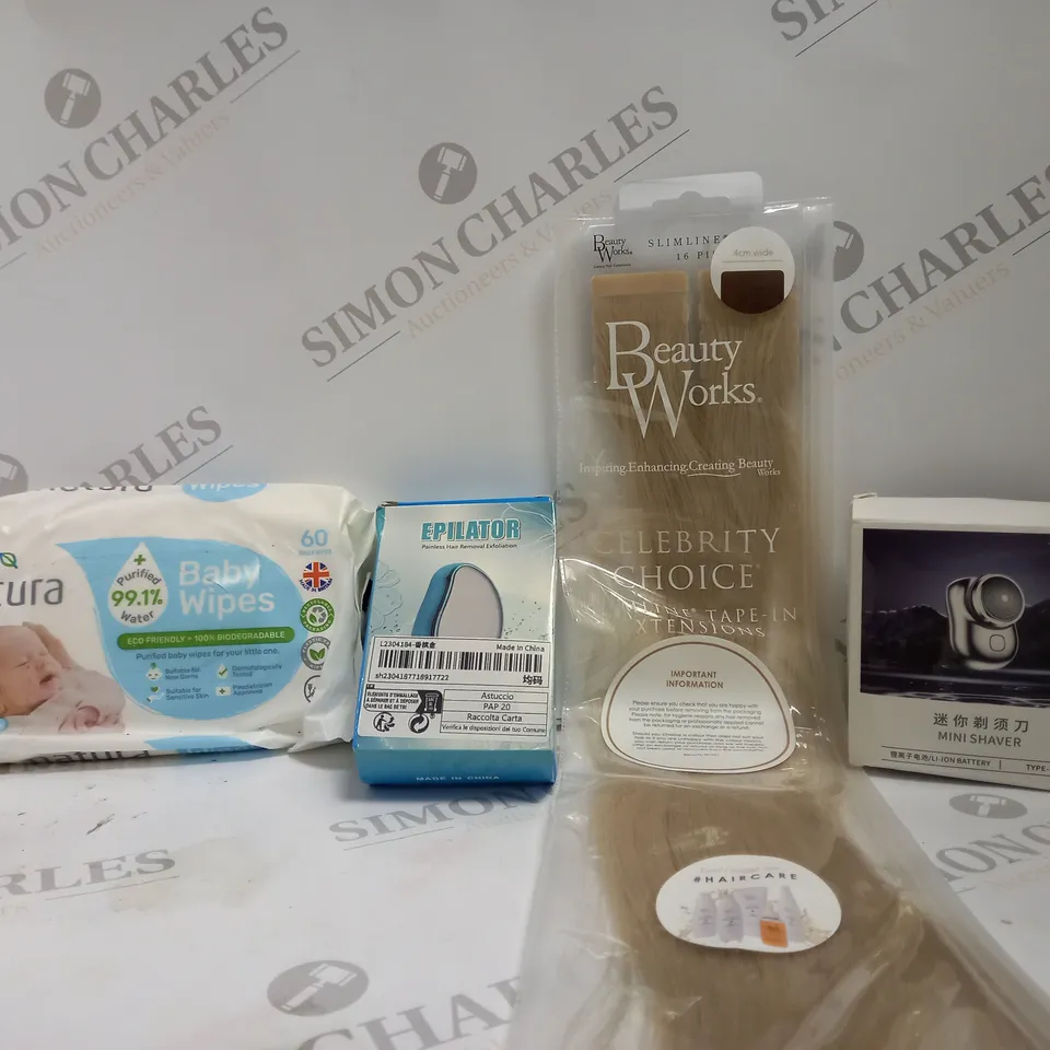BOX OF APPROX 12 ASSORTED HEALTH AND BEAUTY ITEMS TO INCLUDE - NATURA BABY WIPES 60 - MINI SILVER SHAVER - EPILATOR PAINLESS HAIR REMOVAL EXFOLIATION ECT