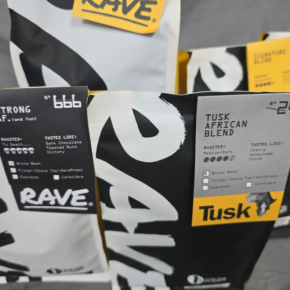 LOT OF 5 ASSORTED PACKS OF RAVE COFFEE BEANS - 1 X 1KG 4 X 250G