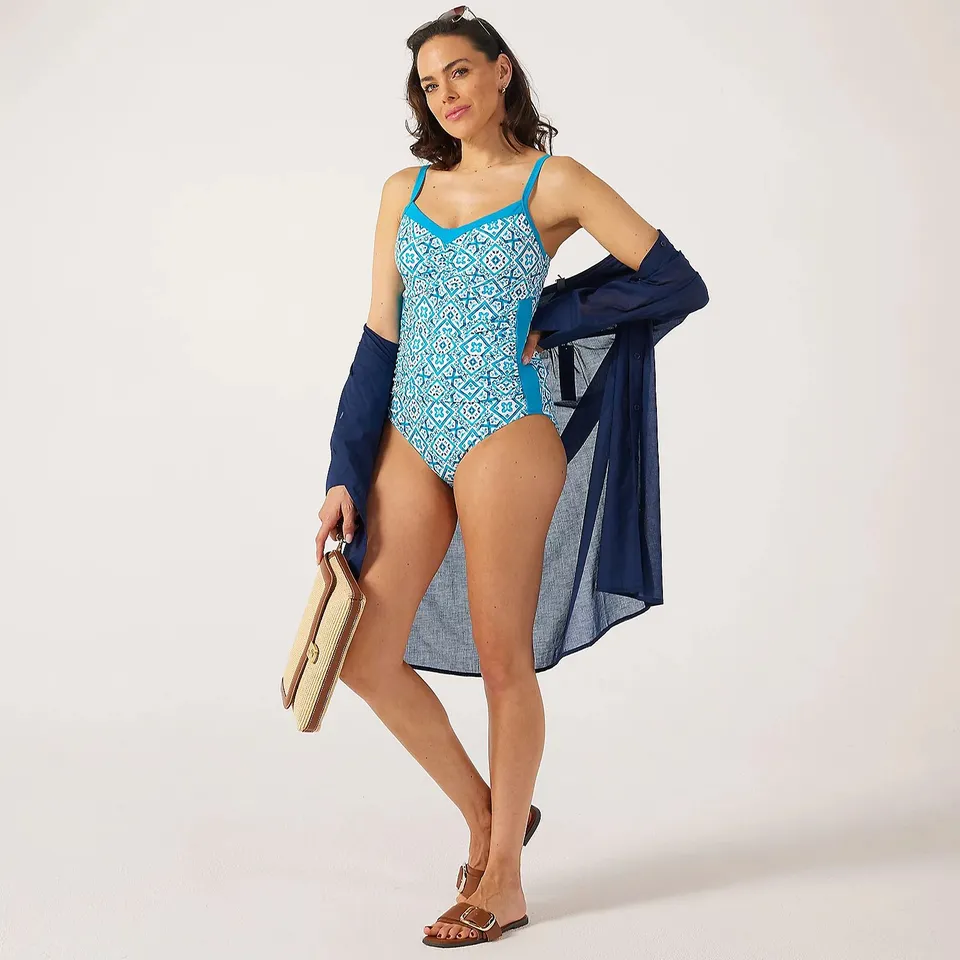 RUTH LANGSFORD HOLIDAY SHOP PRINTED CONTRAST PANEL SWIMSUIT BLUE GEO SIZE 14