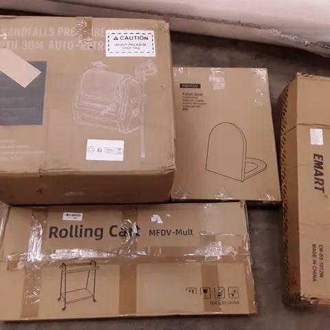 PALLET OF ASSORTED PRODUCTS INCLUDING ROLLING CART, TOILET SEAT, EMART CHROMAKRY BACKDROP, GRANDFALLS PRESSURE WASHER