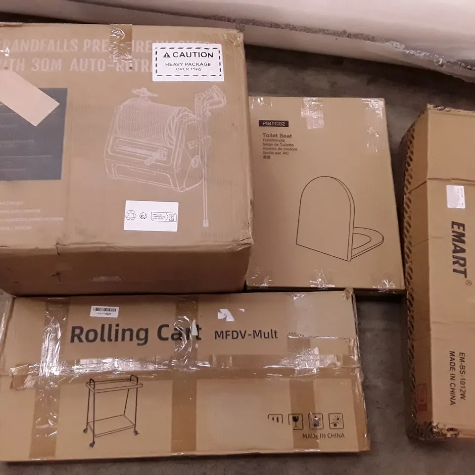 PALLET OF ASSORTED PRODUCTS INCLUDING ROLLING CART, TOILET SEAT, EMART CHROMAKRY BACKDROP, GRANDFALLS PRESSURE WASHER 