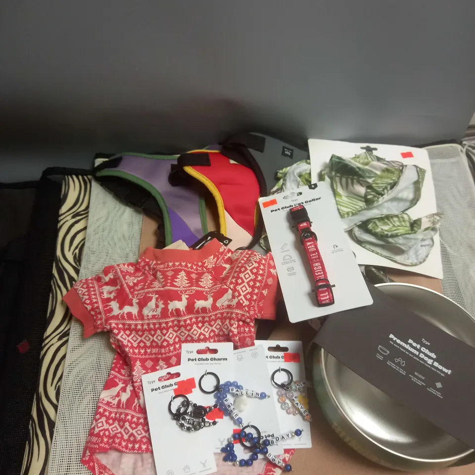 LARGE BOX OF APPROXIMATELY 50 PET ACCESSORIES TO INCLUDE DOGGY DUFFEL CARRIERS, PET HARNESSES, PET CLUB CHARMS ETC - COLLECTION ONLY