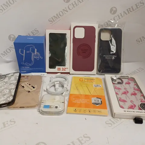 BOX OF APPROXIMATELY 25 ASSORTED SMARTPHONE/TABLET ACCESSORIES TO INCLUDE IPHONE SILICONE CASE, CAR HOLDER, CHARGING CABLES ETC