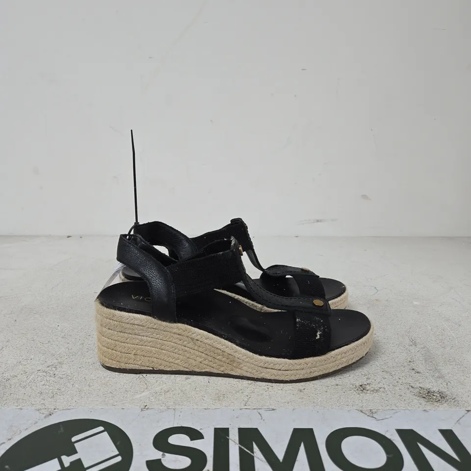 VIONIC BLACK ESPADRILLE WEDGE SANDALS – OPEN TOE, ANKLE STRAPS UK SIZE 9