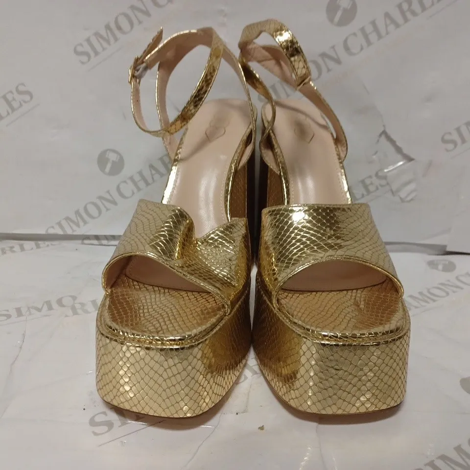 PAIR OF KOI DESIGNER VEGAN STRAP-UP PLATFORM HEELS IN GOLD EFFECT SNAKESKIN PATTERN - SIZE 6