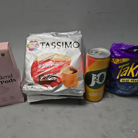 APPROXIMATELY 12 ASSORTED FOOD & DRINK ITEMS TO INCLUDE - TASSIMO KENCO , GRINB HOUSE BLEND COFFEE PODS , J20 ORANGE & PASSIONFRUIT STILL ETC