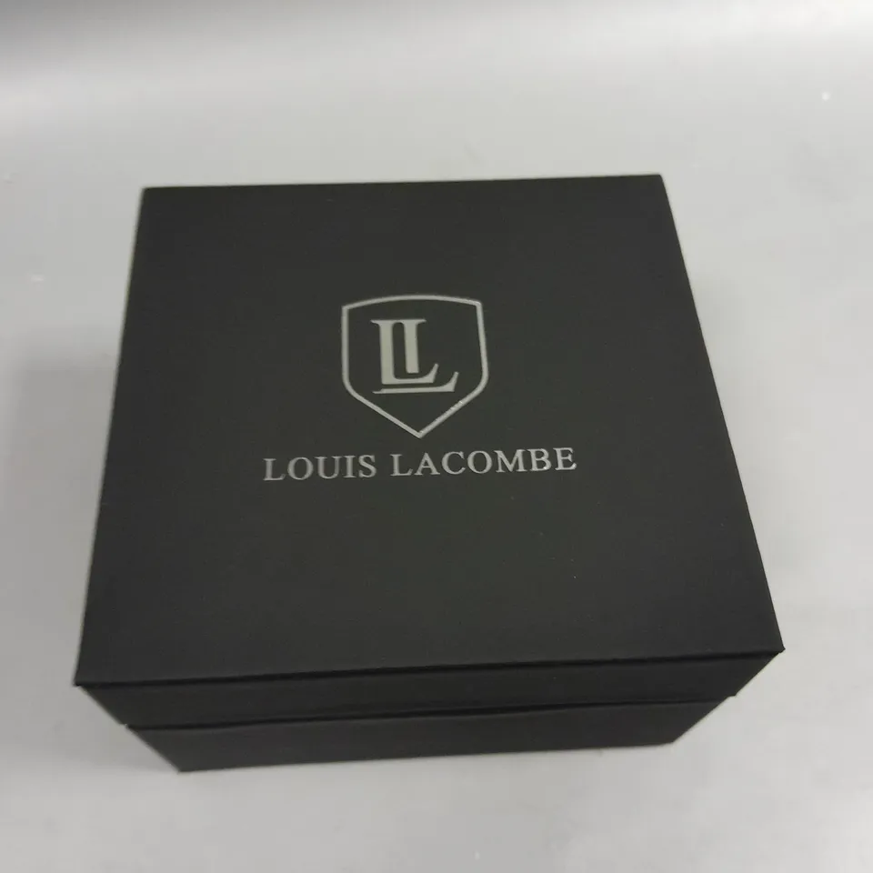 MENS LOUIS LACOMBE CHRONOGRAPH 3 SUB DIAL WATCH IN BLACK WITH BROWN LEATHER STRAP IN GIFT  BOX