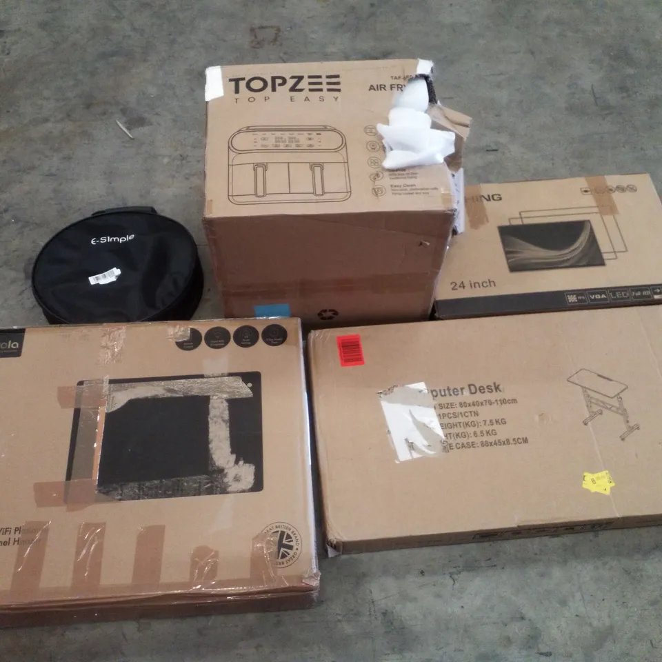 PALLET CONTAINING ASSORTED PRODUCTS INCLUDING DUAL CHAMBER AIR FRYER, 24" MONITOR, COMPUTER DESK, E-CHARGER & 1.5KW GLASS PANEL HEATER
